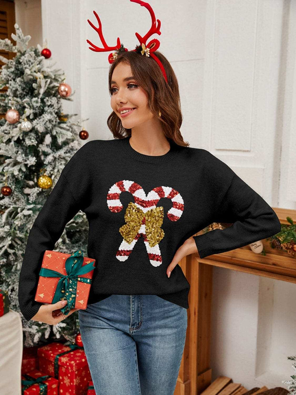 Sequin Candy Cane Round Neck Long Sleeve Sweater - Trendsi - Flyclothing LLC