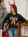 Sequin Candy Cane Round Neck Long Sleeve Sweater - Trendsi - Flyclothing LLC