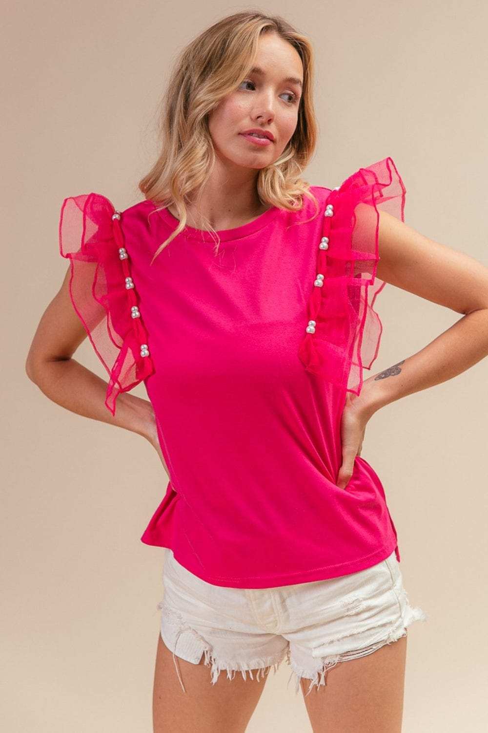 BiBi Pearl Decor Mesh Ruffle Sleeve Top - Trendsi - Flyclothing LLC
