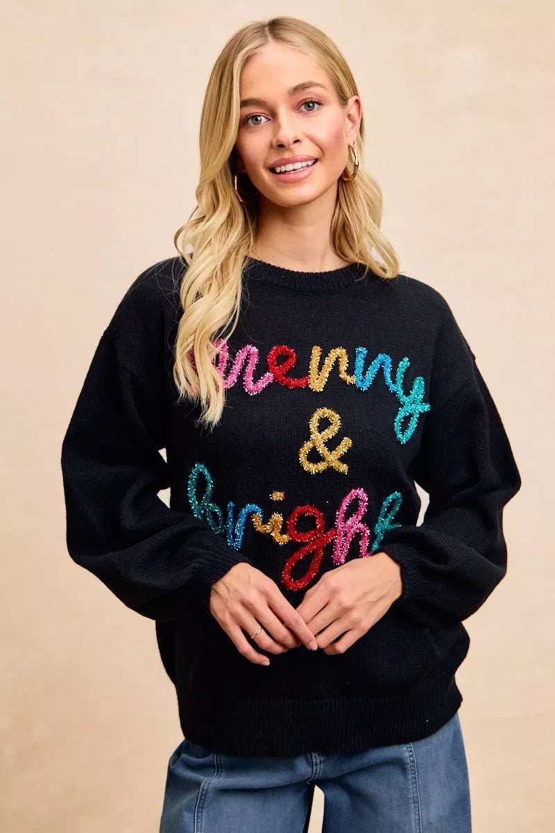 BiBi Tinsel Lettering Christmas Sweater - Trendsi - Flyclothing LLC