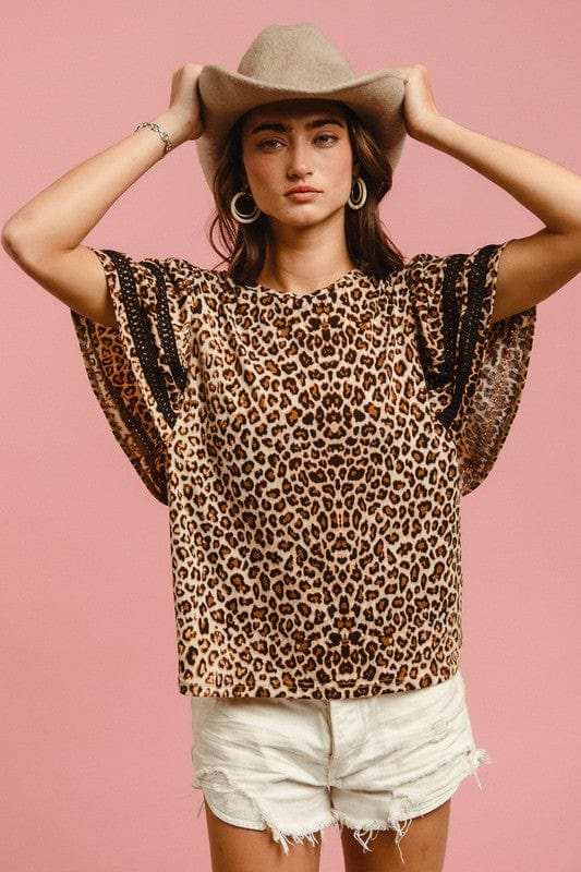 BiBi Leopard Crochet Trim Round Neck Short Sleeve Top - Trendsi - Flyclothing LLC