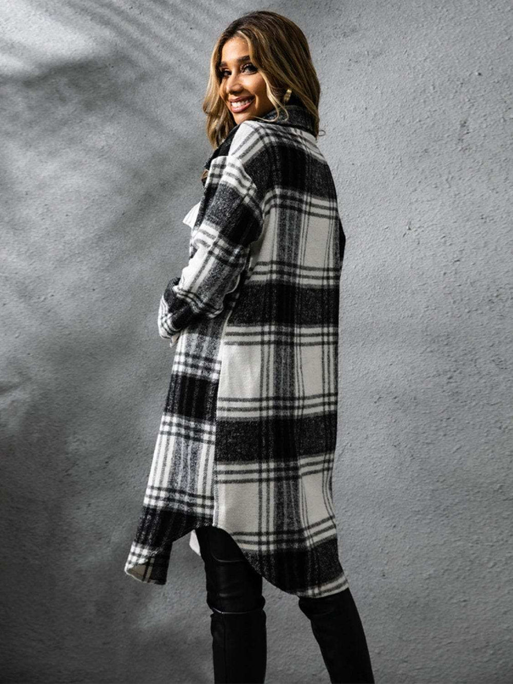 Plaid Collared Neck Long Sleeve Coat - Trendsi - Flyclothing LLC