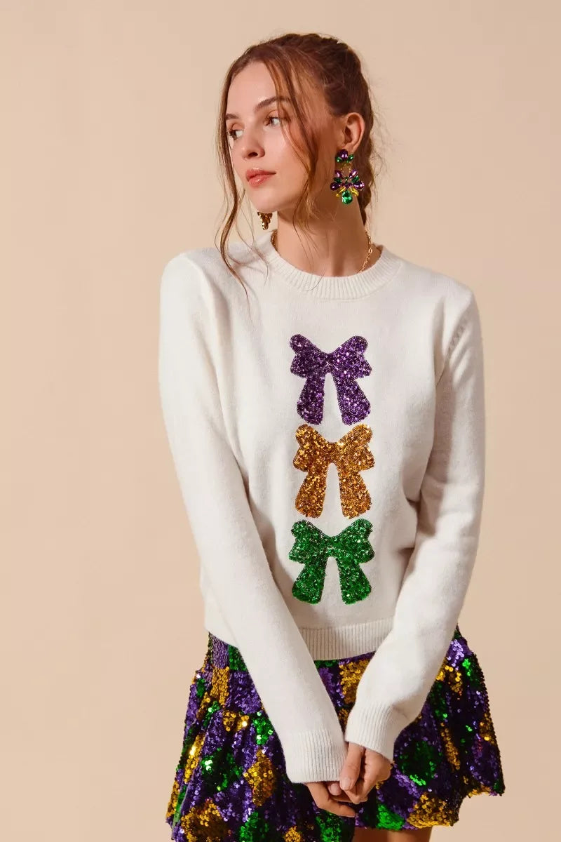 SO ME Mardi Gras Sequins Bow Ribbon Embellished Sweater - Trendsi - Flyclothing LLC