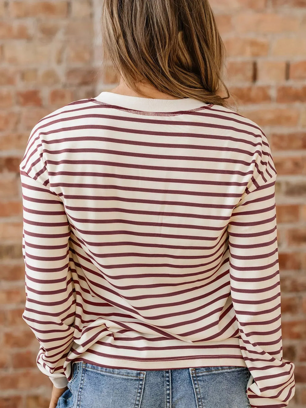 Striped Drop Shoulder Long Sleeve Henley Top - Trendsi - Flyclothing LLC