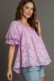 Umgee Full Size Jacquard Round Neck Ruffled Puff Sleeve Blouse Plus Size - Trendsi - Flyclothing LLC
