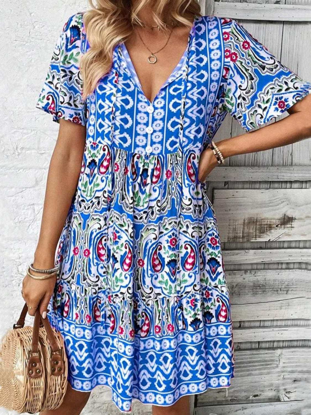 Printed Tie Neck Short Sleeve Dress - Trendsi - Flyclothing LLC