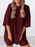 Full Size Oversized Slit Round Neck Top and Shorts Lounge Set Plus Size - Trendsi - Flyclothing LLC