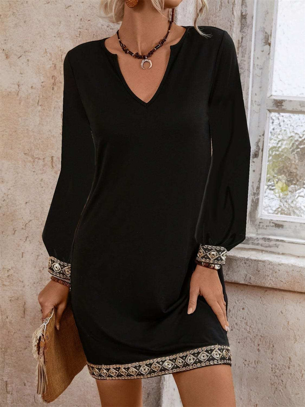 Embroidered Notched Long Sleeve Mini Dress - Trendsi - Flyclothing LLC