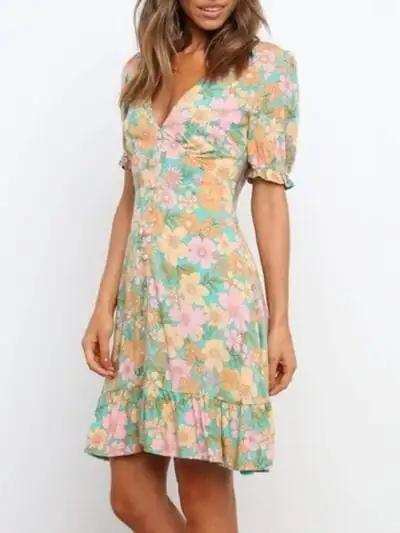 Ruffled Hem Printed Short Sleeve Mini Dress - Trendsi - Flyclothing LLC