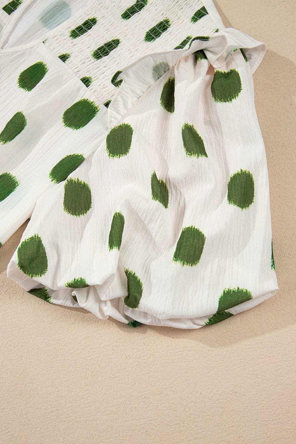 Polka Dot Shirred Yoke Notched Neck Puff Sleeve Blouse - Trendsi - Flyclothing LLC