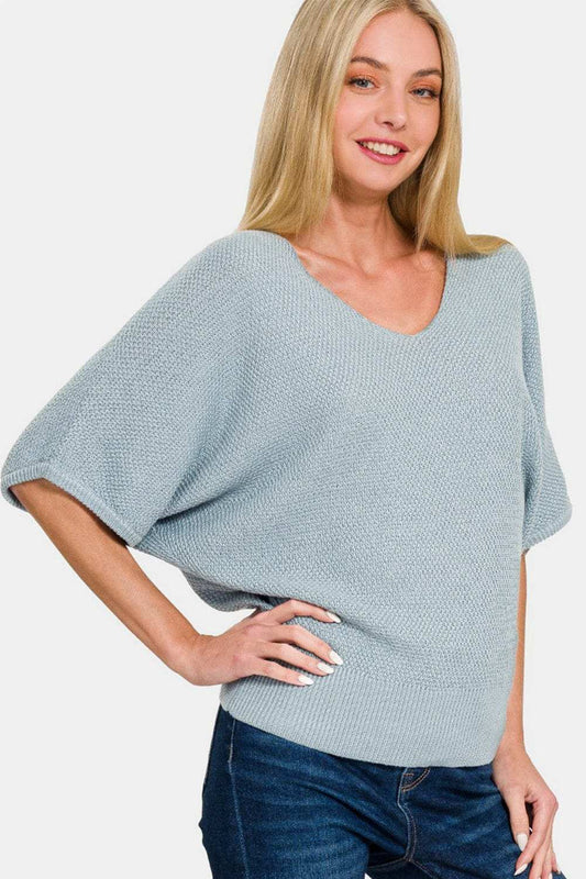 Zenana V-Neck Short Sleeve Dolman Sweater - Trendsi - Flyclothing LLC