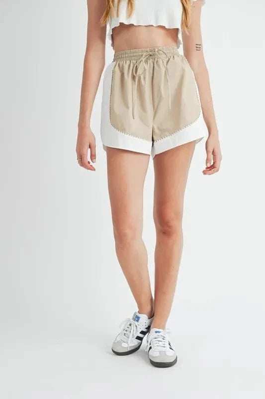 MABLE Drawstring Waist Contrast Trim Detail Shorts - Trendsi - Flyclothing LLC