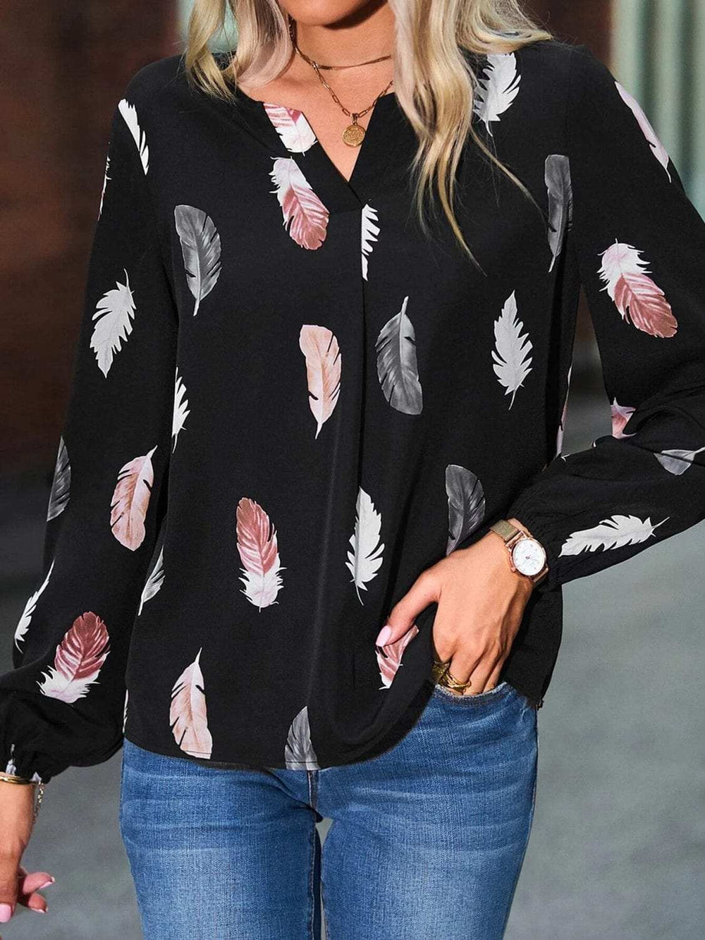 Feather Print Notched Balloon Sleeve Top - Trendsi - Flyclothing LLC