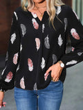 Feather Print Notched Balloon Sleeve Top - Trendsi - Flyclothing LLC