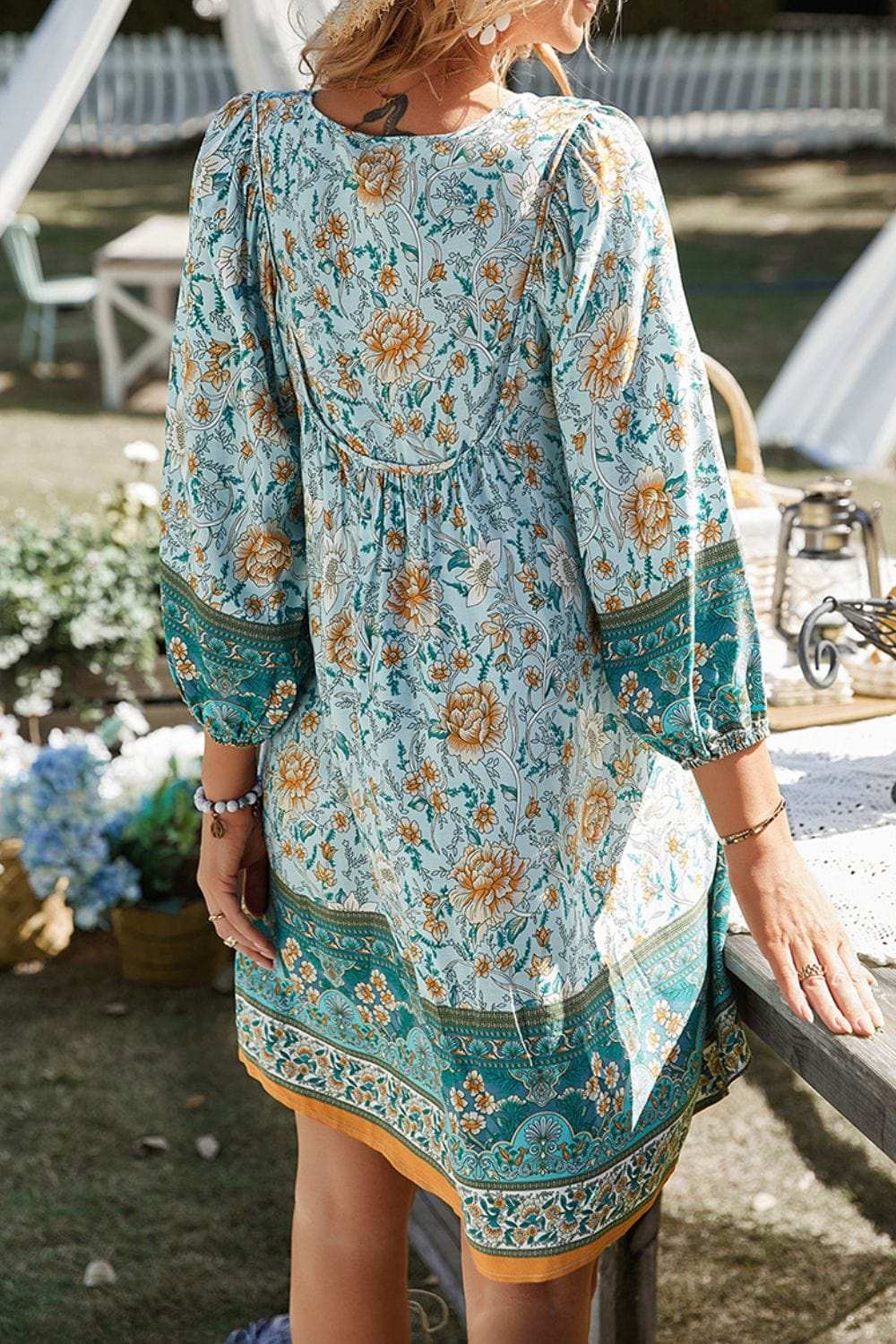 Devine Printed Tie Neck Mini Dress - Trendsi - Flyclothing LLC