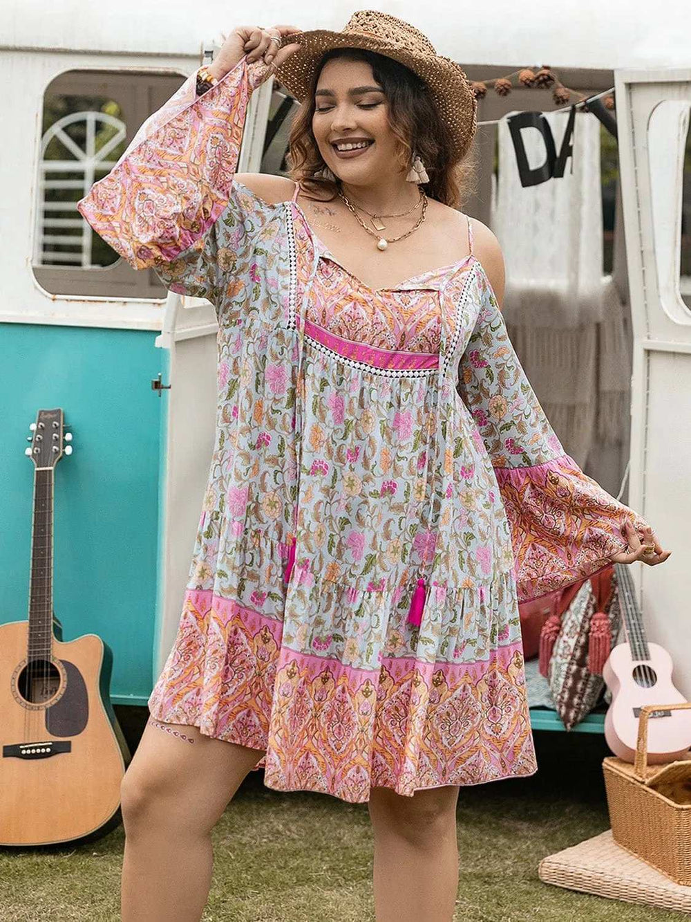 Plus Size Printed Long Sleeve Mini Dress - Trendsi - Flyclothing LLC