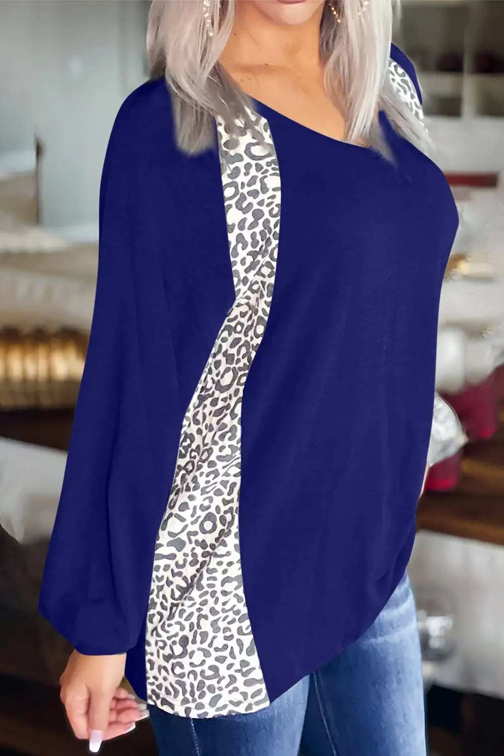 Full Size Leopard V-Neck Long Sleeve T-Shirt - Trendsi - Flyclothing LLC