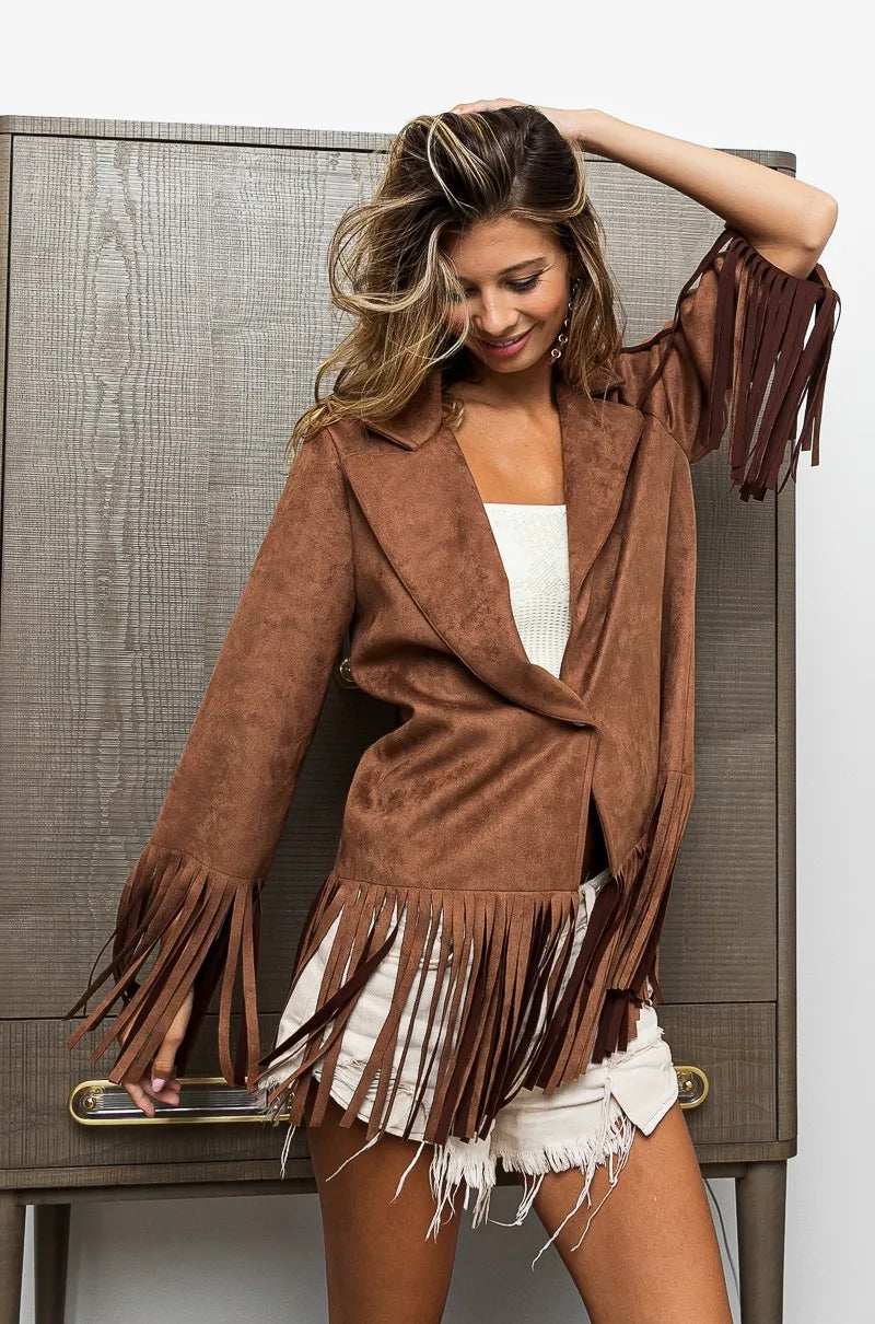 BiBi Single Blazer with Fringed Hem - Trendsi - Flyclothing LLC