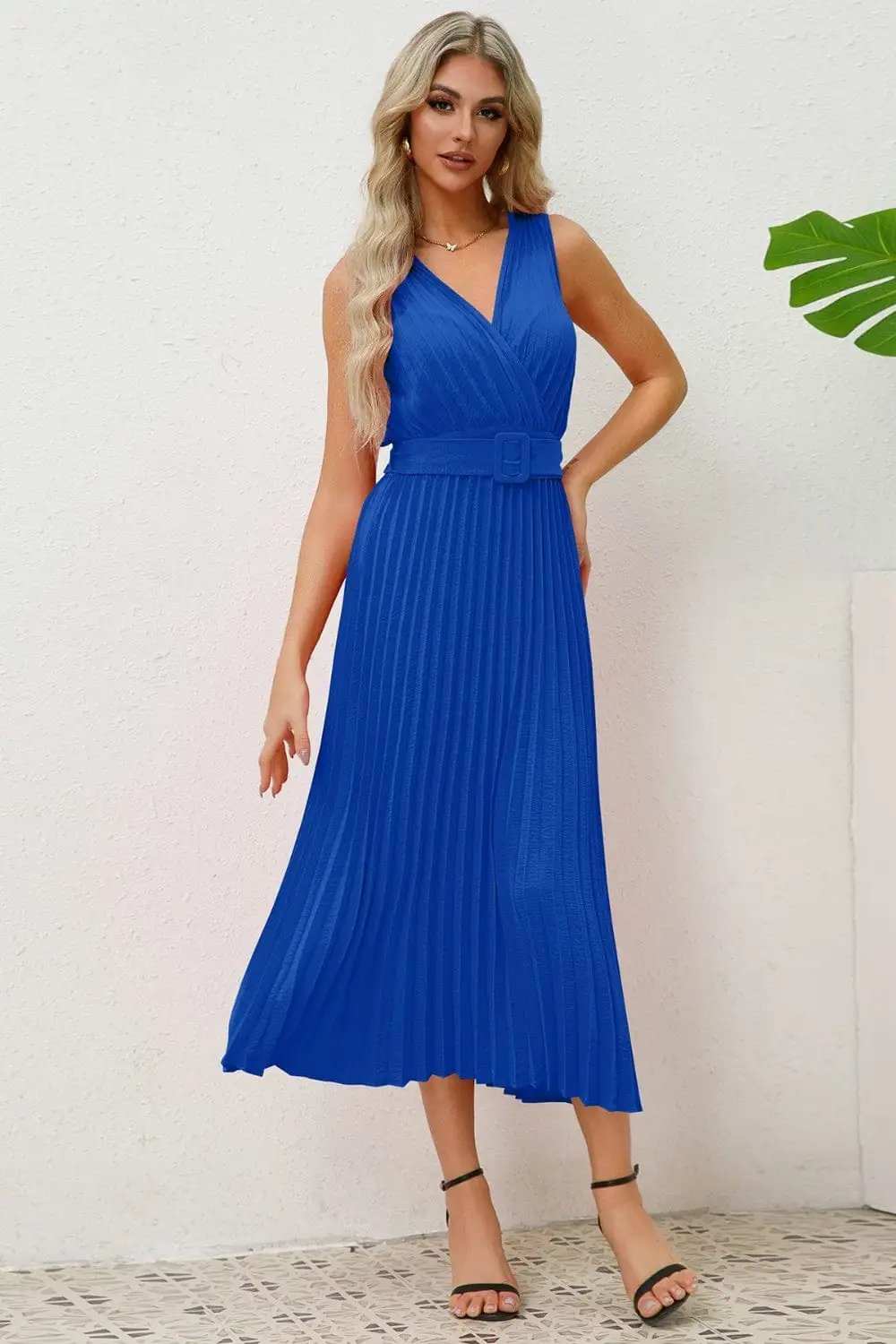 Surplice Sleeveless Midi Pleated Dress - Trendsi - Flyclothing LLC