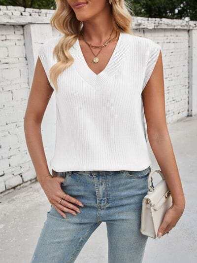 Lovelet Ribbed Slit V-Neck Sweater Vest - Trendsi - Flyclothing LLC