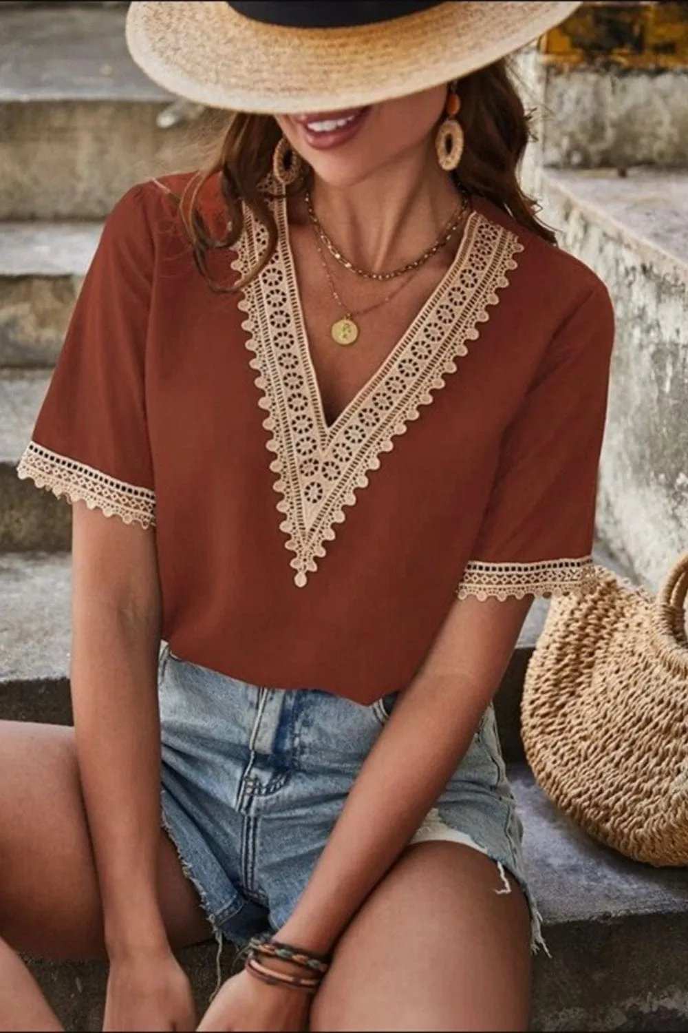 Full Size Lace Detail V-Neck Short Sleeve Blouse - Trendsi - Flyclothing LLC