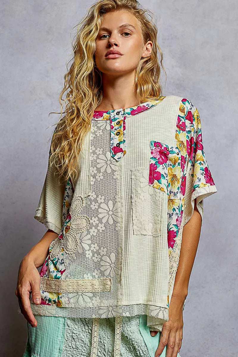 POL Lace Round Neck Short Sleeve Floral Pattern Top with Patch Detail - Trendsi - Flyclothing LLC