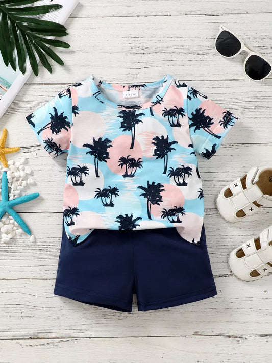 Children's Tropical Palm Tree Print Outfit Set - Trendsi - Flyclothing LLC