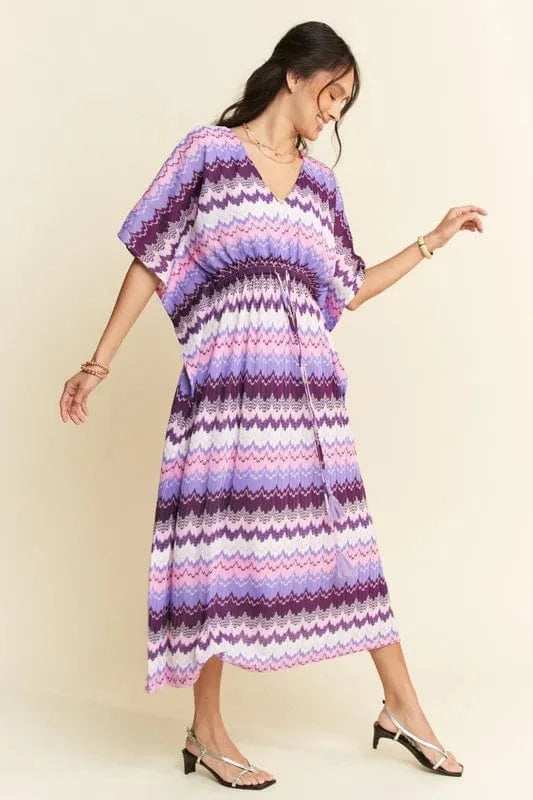 Davi & Dani Multi Color Wavy Tie Waist Flowy Sleeve Dress - Trendsi - Flyclothing LLC