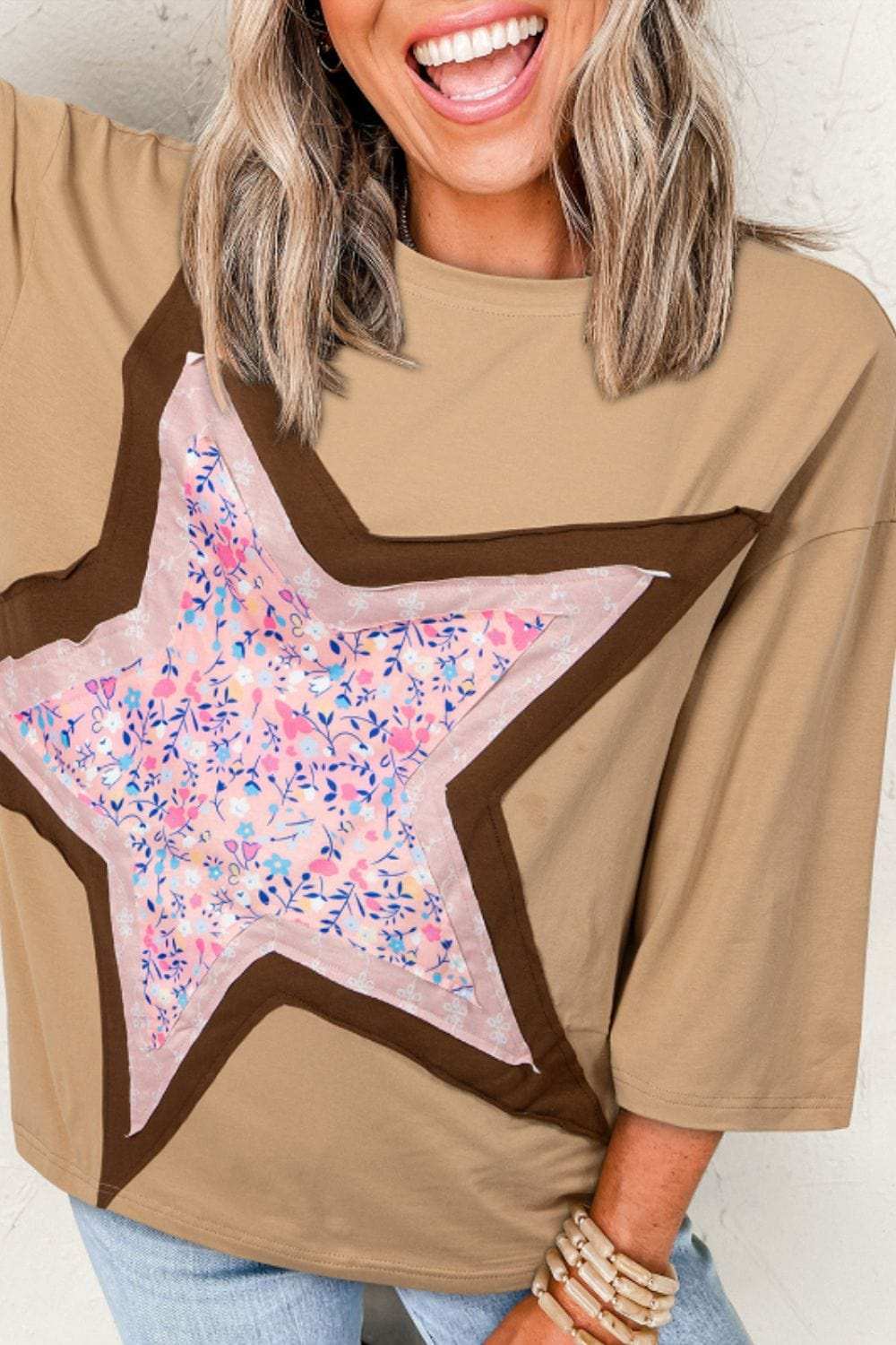 Star Applique Patch Round Neck T-Shirt - Trendsi - Flyclothing LLC