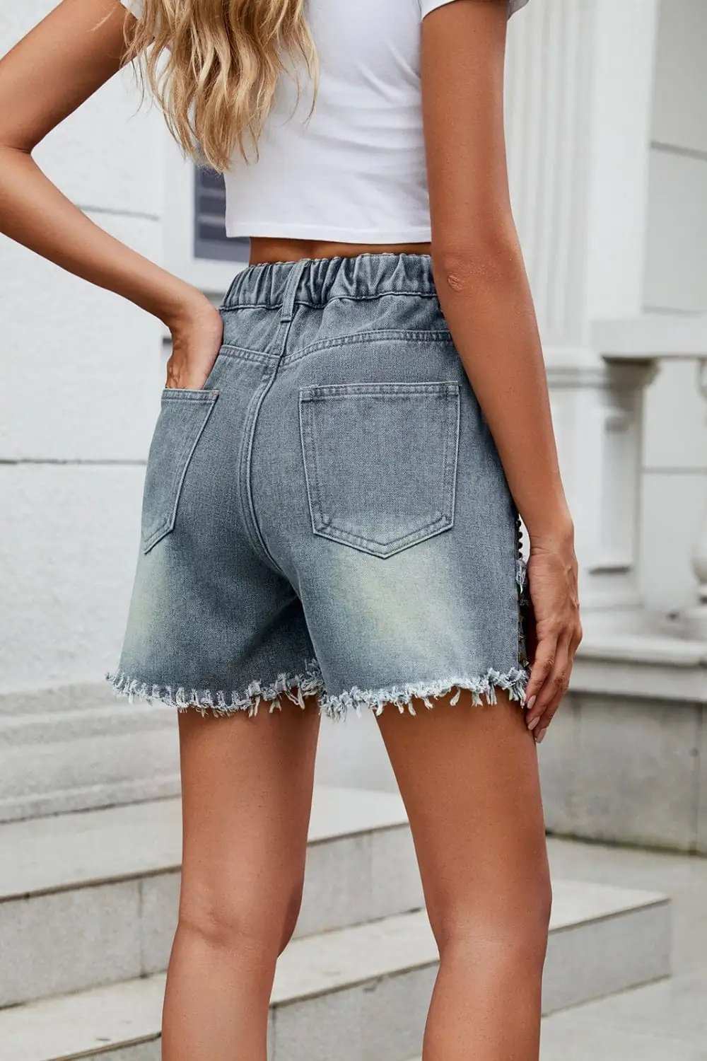 Raw Hem Studded Denim Shorts - Trendsi - Flyclothing LLC