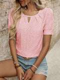 Eyelet Round Neck Short Sleeve Top - Trendsi - Flyclothing LLC