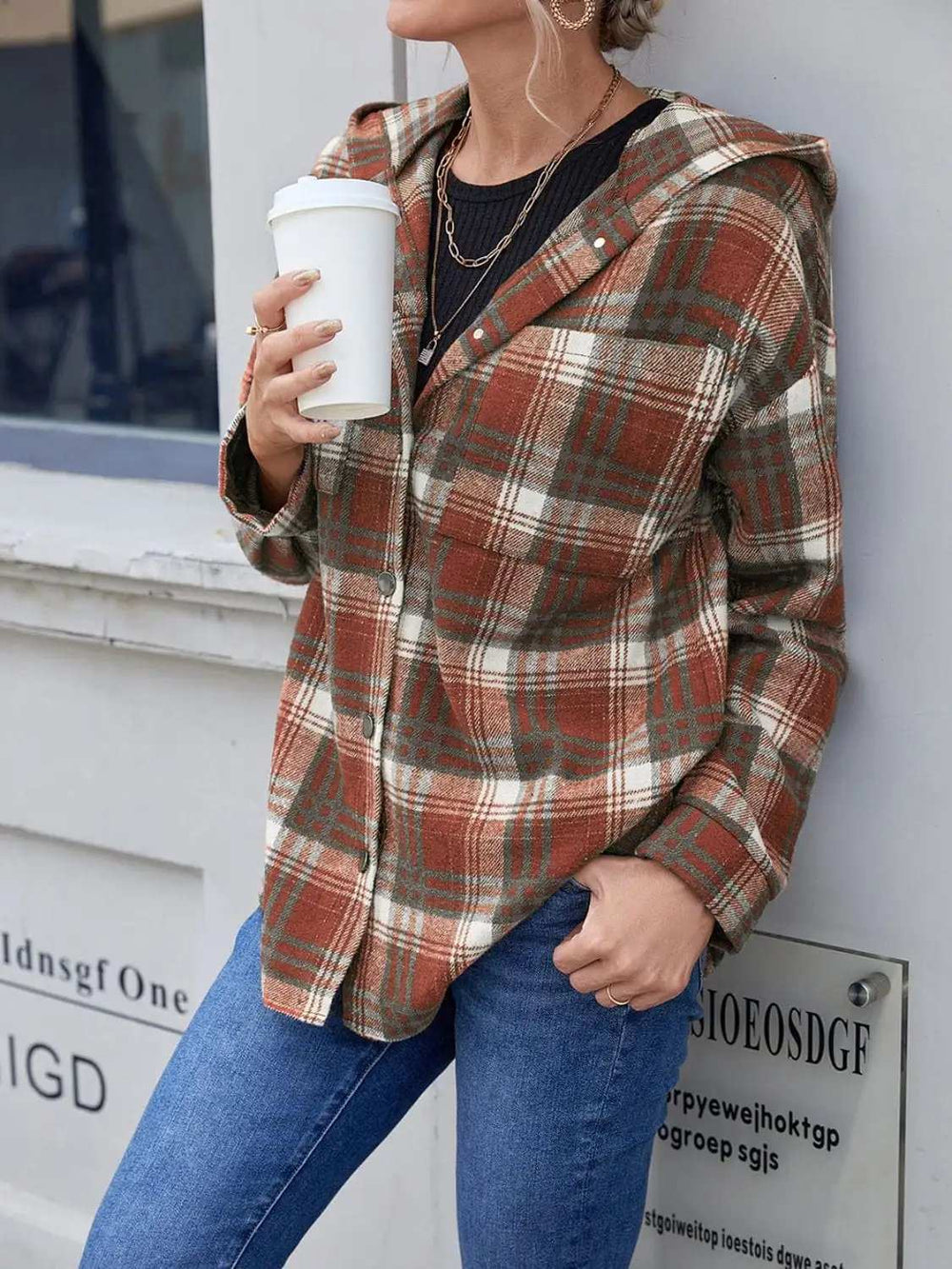 Plaid Button Up Long Sleeve Hooded Jacket - Trendsi - Flyclothing LLC