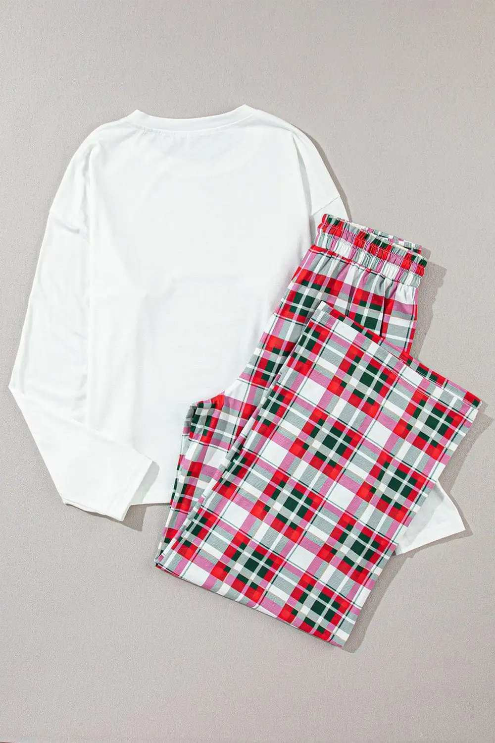 MERRY CHRISTMAS Round Neck Top and Plaid Pants Set - Trendsi - Flyclothing LLC
