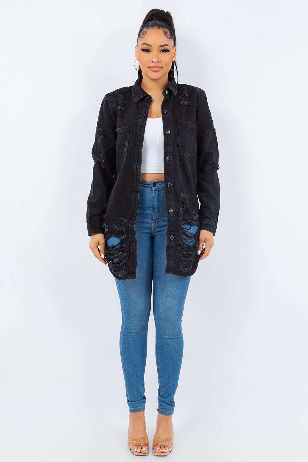 American Bazi Distressed Button Up Long Sleeve Denim Jacket - Trendsi - Flyclothing LLC