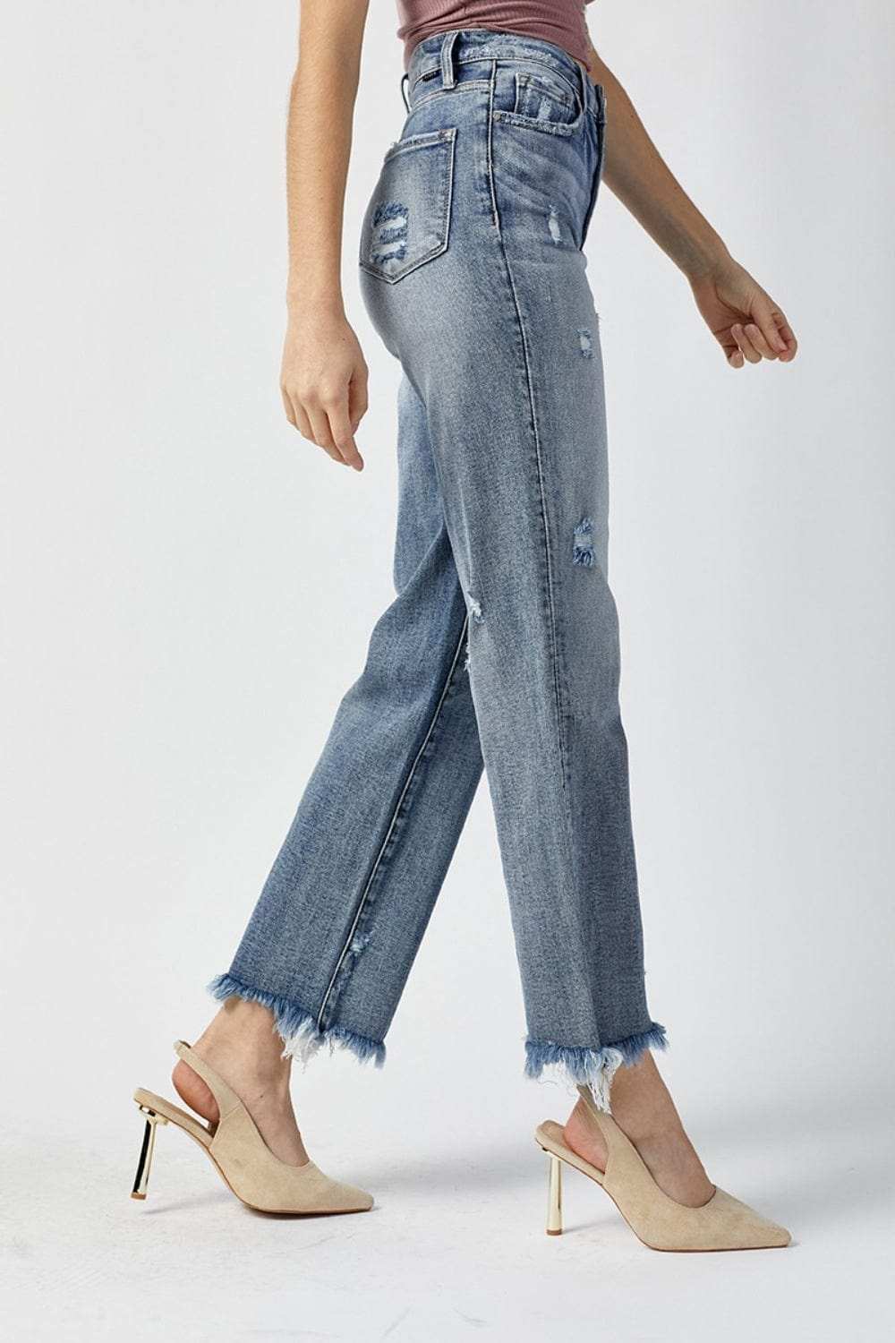 RISEN High Waist Raw Hem Straight Jeans - Trendsi - Flyclothing LLC