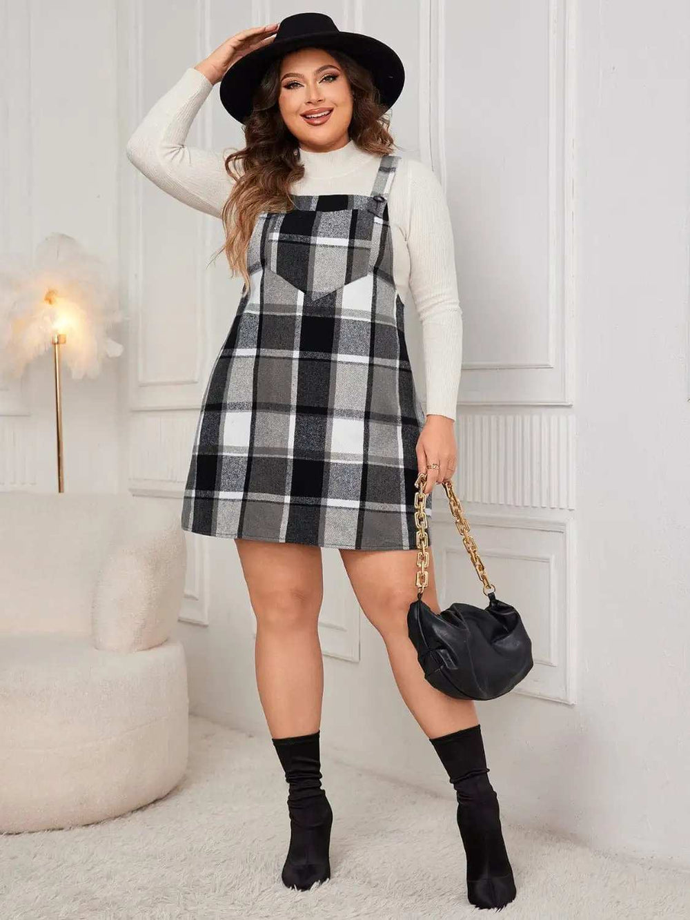 Plus Size Plaid Wide Strap Overall Dress - Trendsi - Flyclothing LLC
