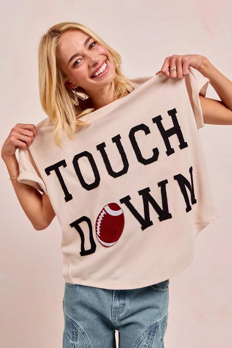 BiBi Game Day Touchdown Letter Patches Waffle Short Top - Trendsi - Flyclothing LLC