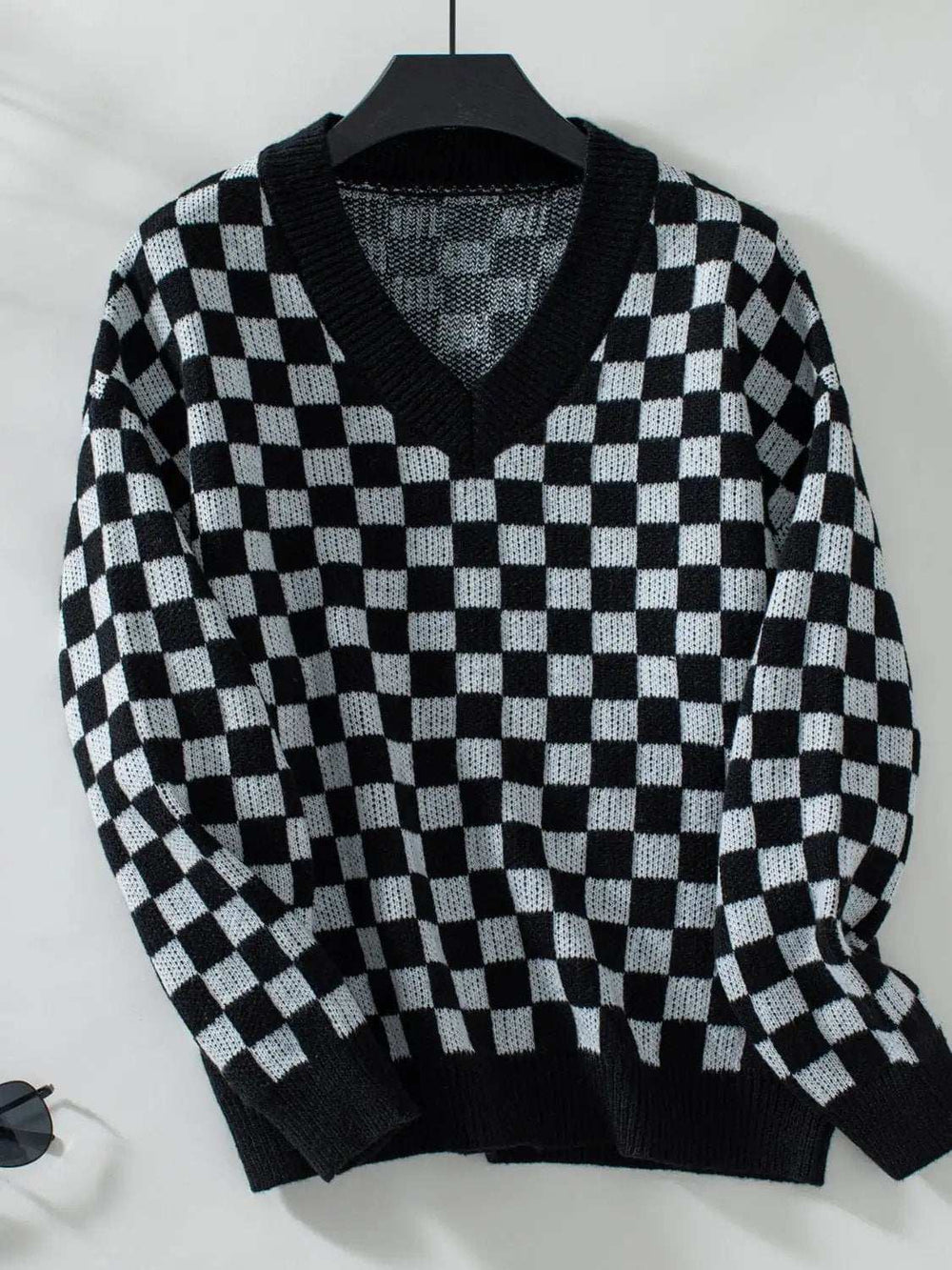 Checkered V-Neck Dropped Shoulder Sweater - Trendsi - Flyclothing LLC