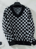 Checkered V-Neck Dropped Shoulder Sweater - Trendsi - Flyclothing LLC