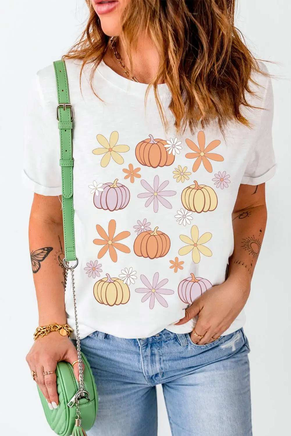 Pumpkin & Flower Round Neck Short Sleeve T-Shirt - Trendsi - Flyclothing LLC