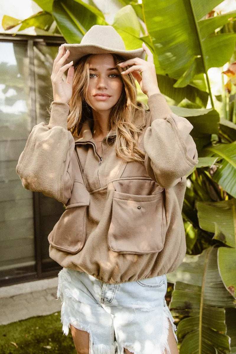 BiBi Half Zip Vintage Washed Fleece Pullover - Trendsi - Flyclothing LLC