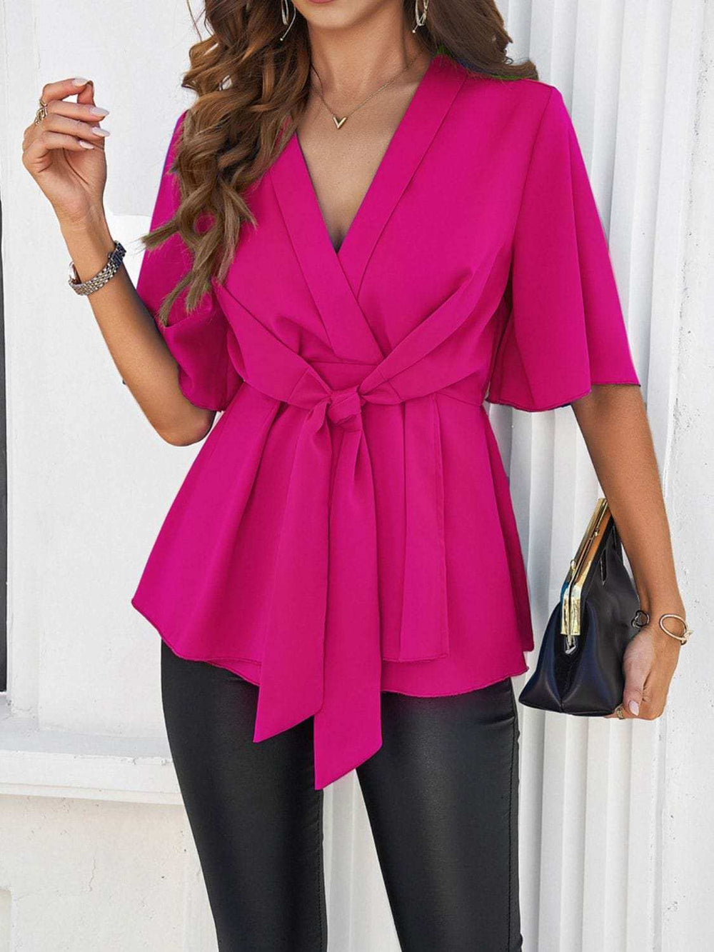 Devine Tied Front Peplum Blouse - Trendsi - Flyclothing LLC