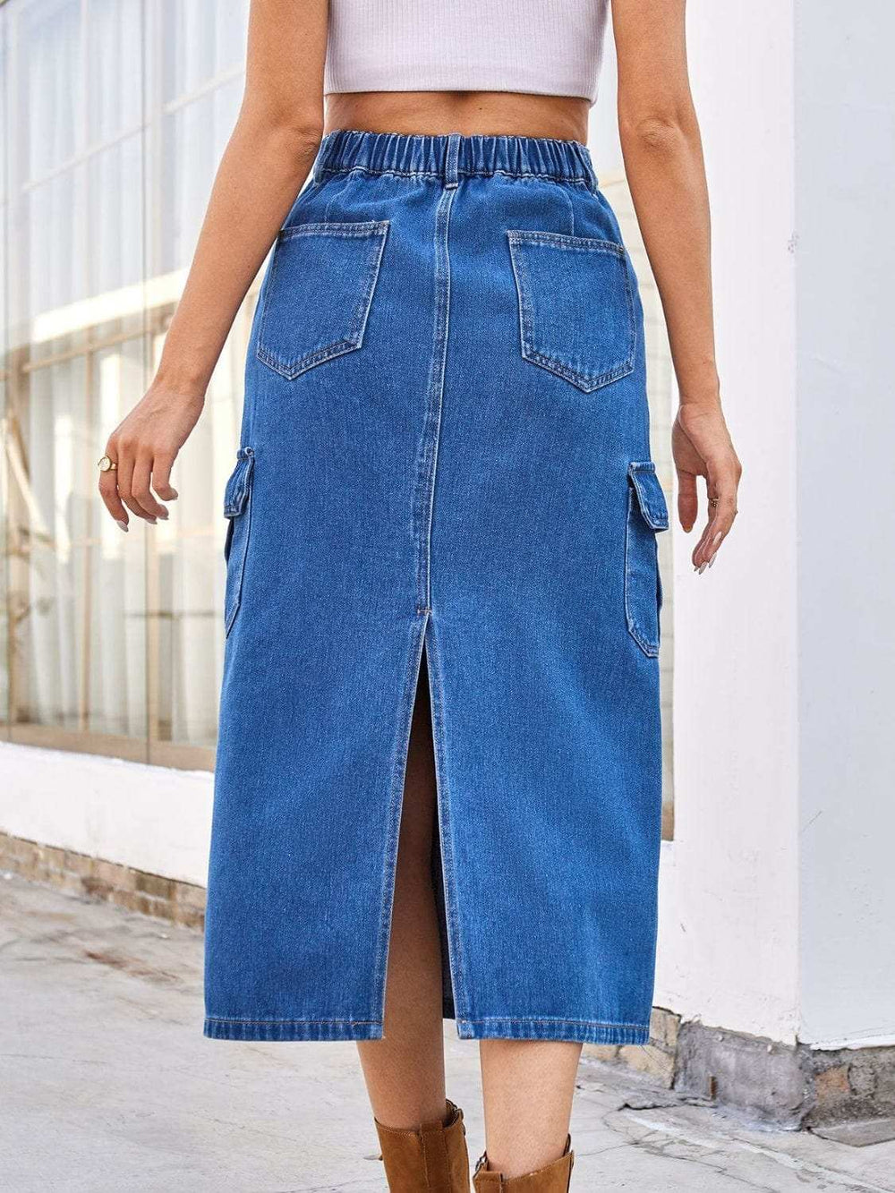 Slit Midi Denim Skirt with Pockets - Trendsi - Flyclothing LLC