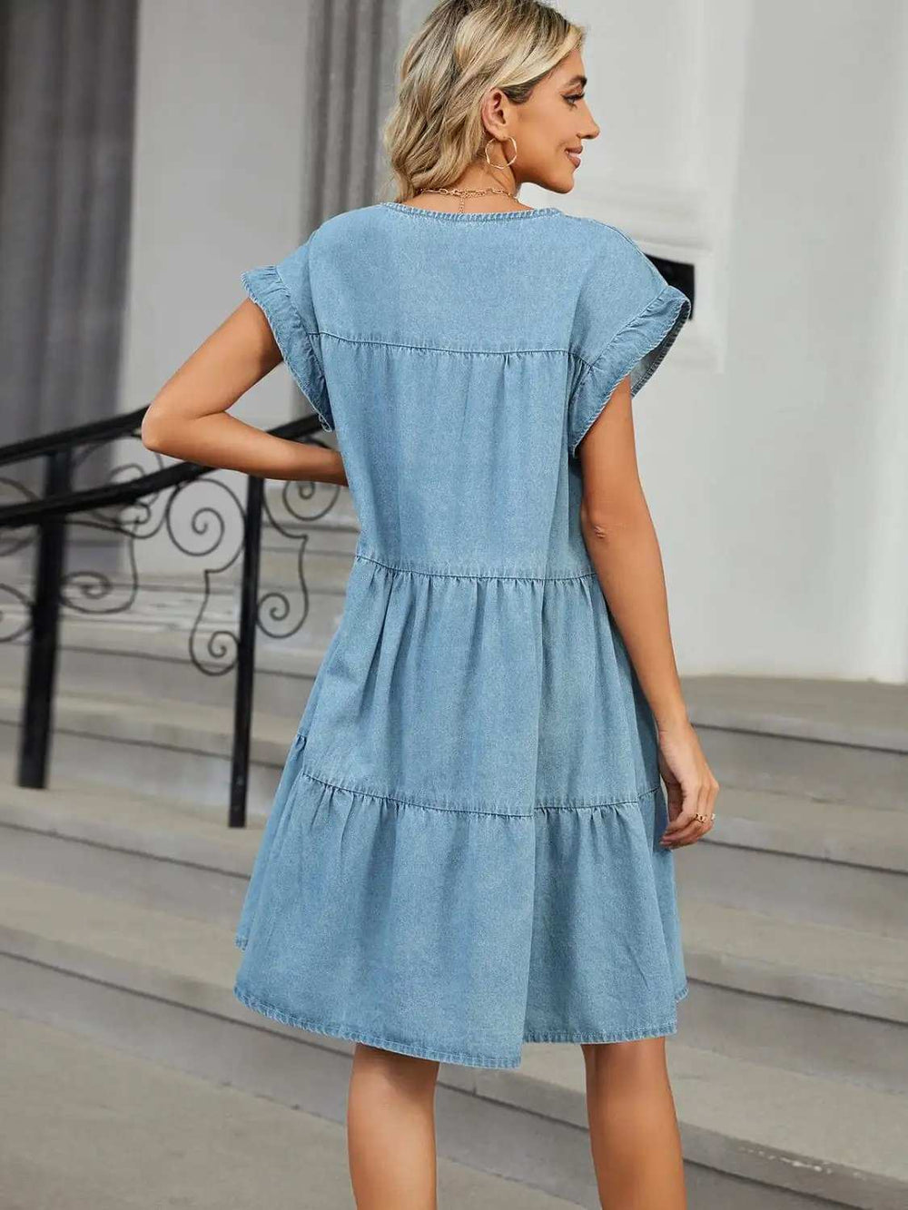 Tiered Round Neck Short Sleeve Denim Dress - Trendsi - Flyclothing LLC