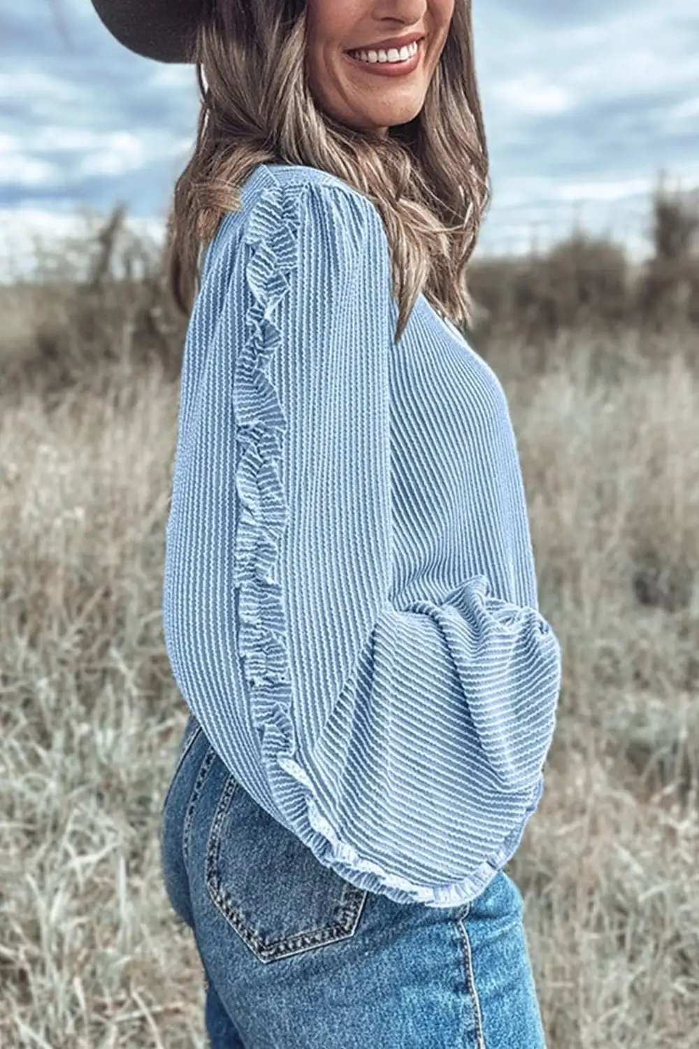Frill Texture Round Neck Long Sleeve Sweatshirt - Trendsi - Flyclothing LLC
