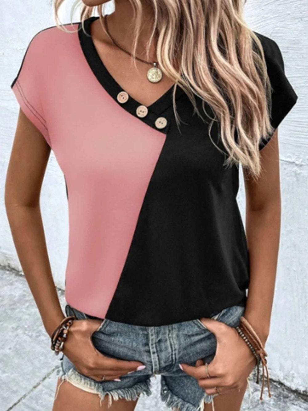 Contrast V-Neck Short Sleeve T-Shirt - Trendsi - Flyclothing LLC