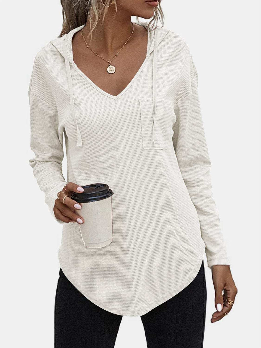 Drawstring Waffle Knit Long Sleeve Hooded Top - Trendsi - Flyclothing LLC