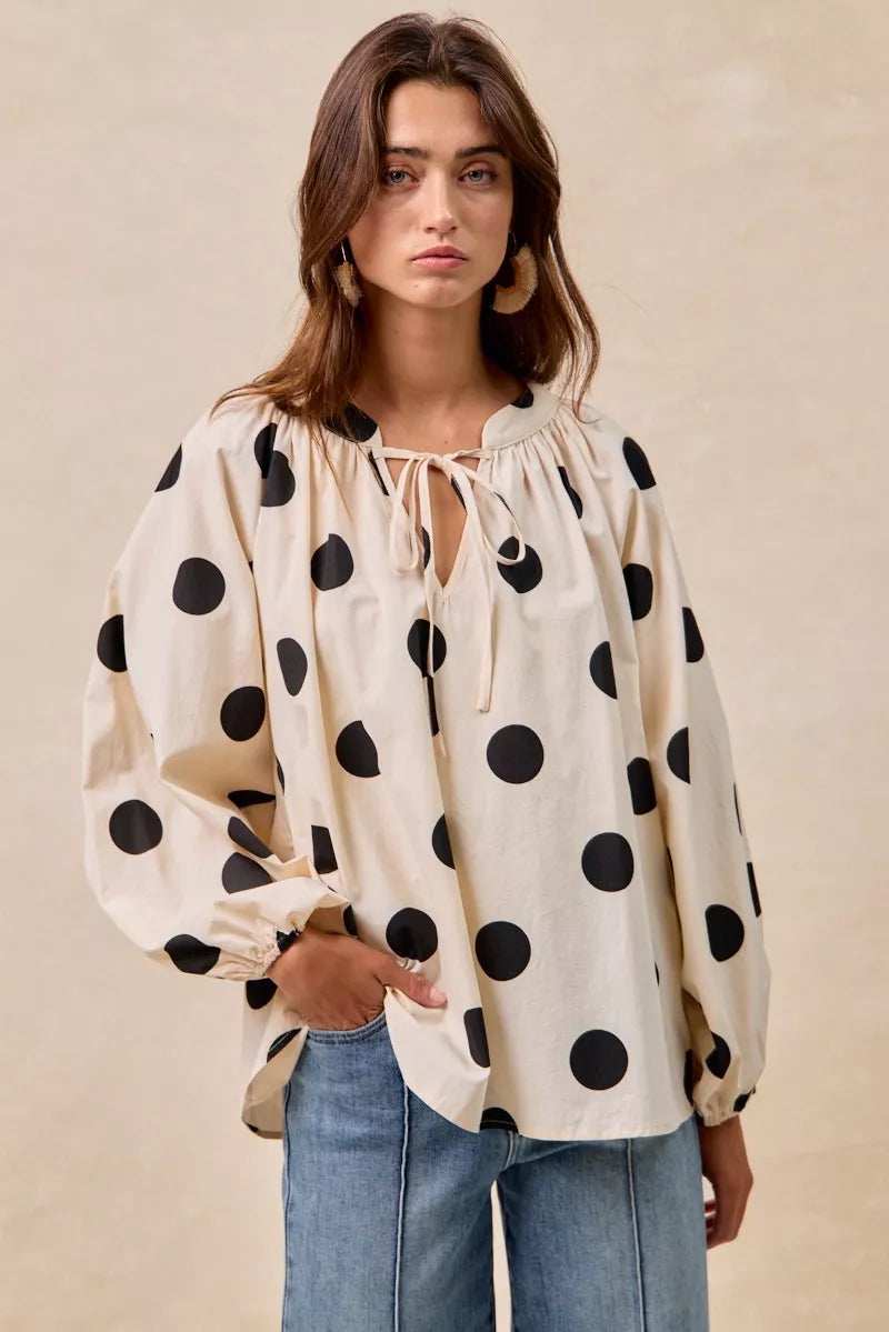 BiBi Polka Dot Exaggerated Balloon Sleeves Blouse - Trendsi - Flyclothing LLC