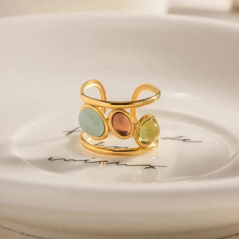 18K Gold-Plated Gemstone Open Cuff Ring - Trendsi - Flyclothing LLC