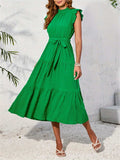 Frill Mock Neck Ruffled Cap Sleeve Midi Dress - Trendsi - Flyclothing LLC